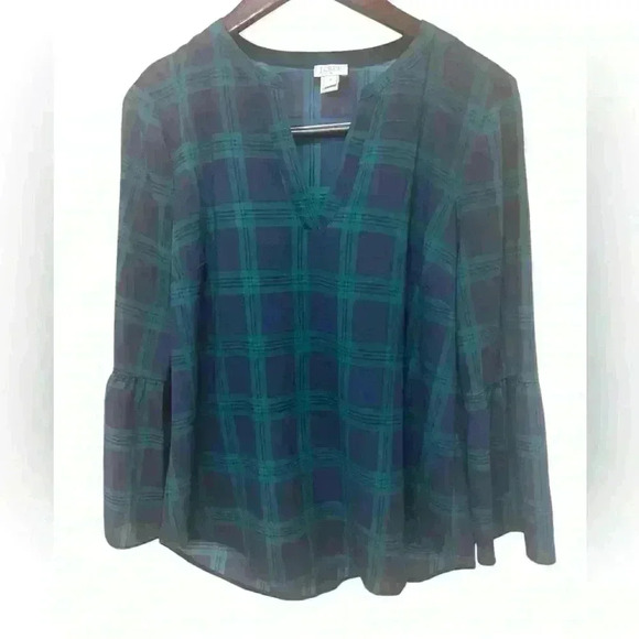J. Crew Navy & Green Tartan Plaid Lightweight Long Sleeved Blouse Size Medium - Picture 1 of 10